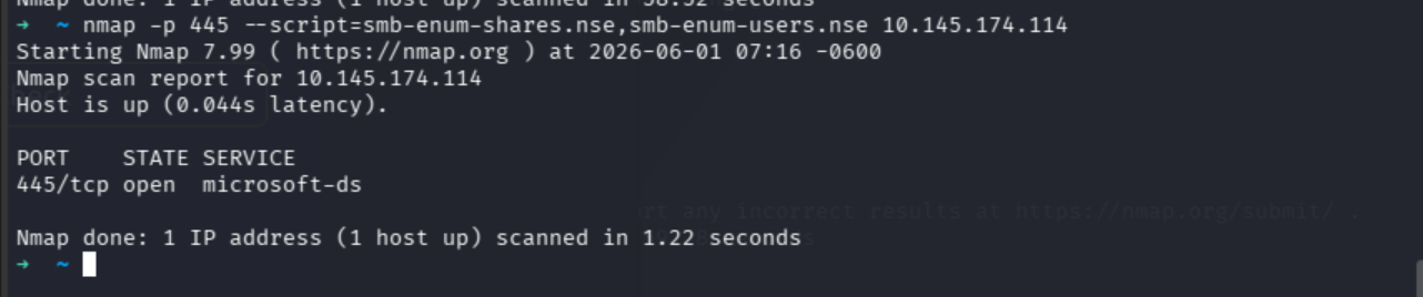 nmap SMB enumeration showing one share visible